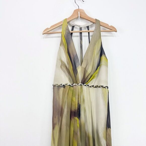 Hoaglund Green Brown 100% Silk Whimsical Earth tone Flowy Halter Maxi Dress NEW - Picture 2 of 16